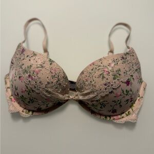 Victoria's Secret Pink Floral Lace Padded Rhinestone Demi Push Up Bra Size 32D